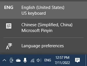 Windows task bar, Selecting Chinese input